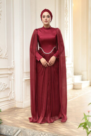 Modest Evening Dress - Cape Detail Claret Red Modest Evening Dress 5418BR - 2