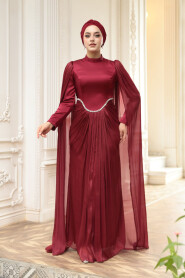 Modest Evening Dress - Cape Detail Claret Red Modest Evening Dress 5418BR - 3