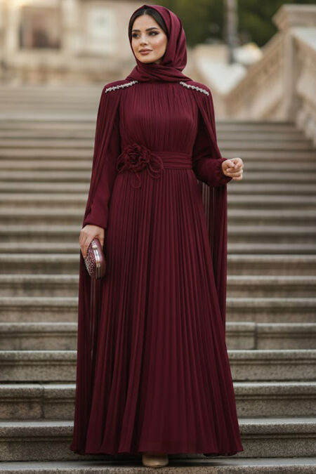 Modest Evening Dress - Cape Detailed Claret Red Modest Evening Dress 54331BR - 