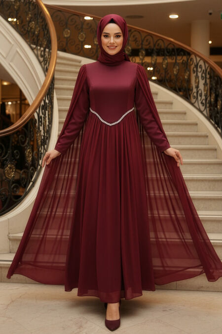 Modest Evening Dress - Cape Detailed Claret Red Modest Evening Dress 6262BR - 