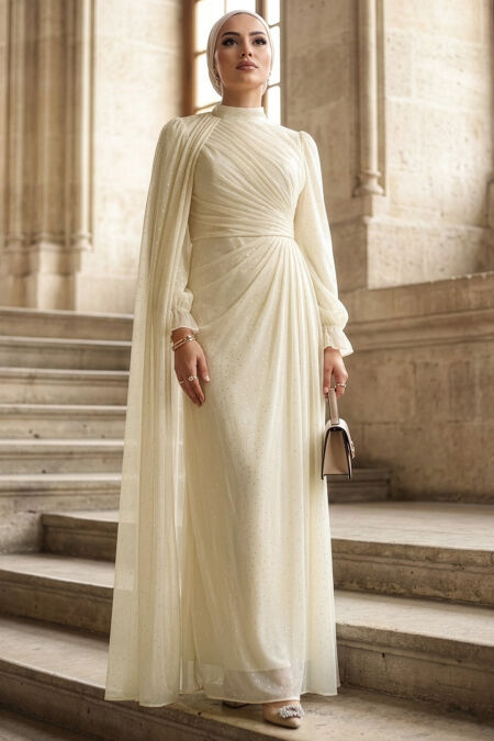 Modest Evening Dress - Cape Detailed Cream Modest Evening Dress 4875KR - 