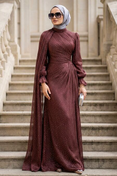 Modest Evening Dress - Cape Detailed Dark Brown Modest Evening Dress 4875KKH - 