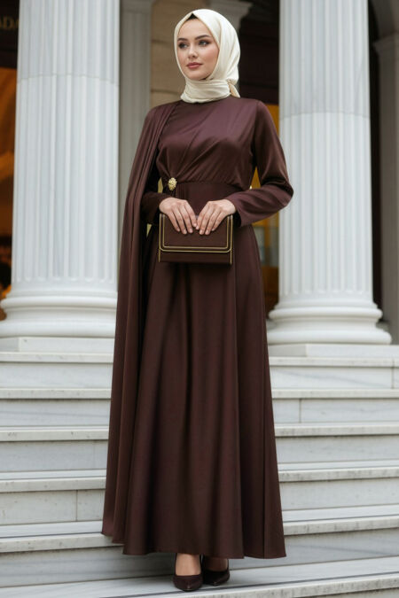 Modest Evening Dress - Cape Detailed Dark Brown Modest Satin Evening Dress 4884KKH - 