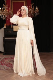 Modest Evening Dress - Cape Detailed Ecru Modest Evening Dress 53021E - 2