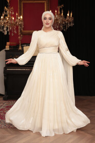 Modest Evening Dress - Cape Detailed Ecru Modest Evening Dress 53021E - 1
