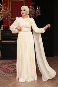 Modest Evening Dress - Cape Detailed Ecru Modest Evening Dress 53021E - 3