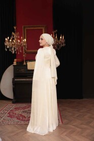 Modest Evening Dress - Cape Detailed Ecru Modest Evening Dress 53021E - 4