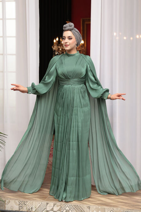 Modest Evening Dress - Cape Detail Green Modest Evening Dress 5447Y - NEVA STYLE