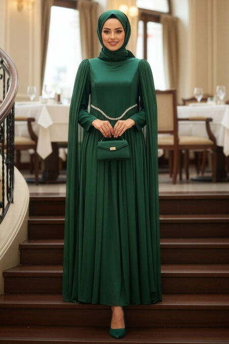Modest Evening Dress - Cape Detailed Green Modest Evening Dress 6262Y - 