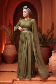 Modest Evening Dress - Cape Detailed Khaki Modest Evening Dress 53021HK - 2