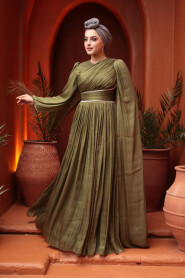 Modest Evening Dress - Cape Detailed Khaki Modest Evening Dress 53021HK - 1
