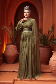 Modest Evening Dress - Cape Detailed Khaki Modest Evening Dress 53021HK - 3