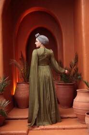 Modest Evening Dress - Cape Detailed Khaki Modest Evening Dress 53021HK - 4