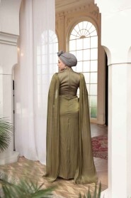 Modest Evening Dress - Cape Detail Khaki Modest Evening Dress 5418HK - 4