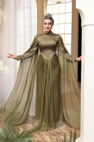 Modest Evening Dress - Cape Detail Khaki Modest Evening Dress 5418HK - 1