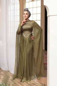 Modest Evening Dress - Cape Detail Khaki Modest Evening Dress 5418HK - 2