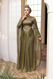 Modest Evening Dress - Cape Detail Khaki Modest Evening Dress 5418HK - 3