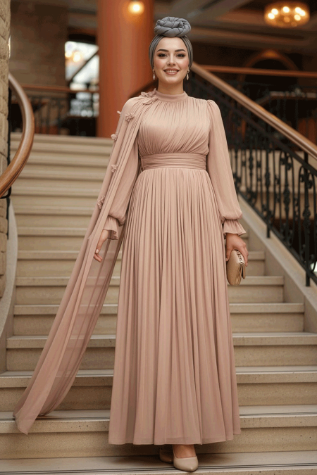 Modest Evening Dress - Cape Detailed Mink Modest Evening Dress 5394V - 