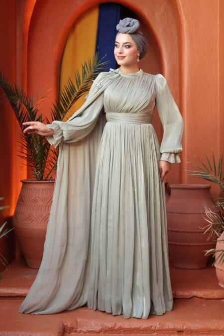 Modest Evening Dress - Cape Detailed Mint Modest Evening Dress 5394MINT - NEVA STYLE