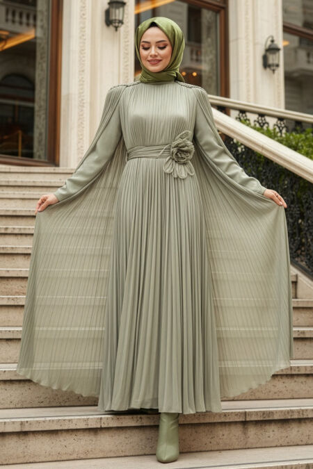 Modest Evening Dress - Cape Detailed Mint Modest Evening Dress 54331MINT - 