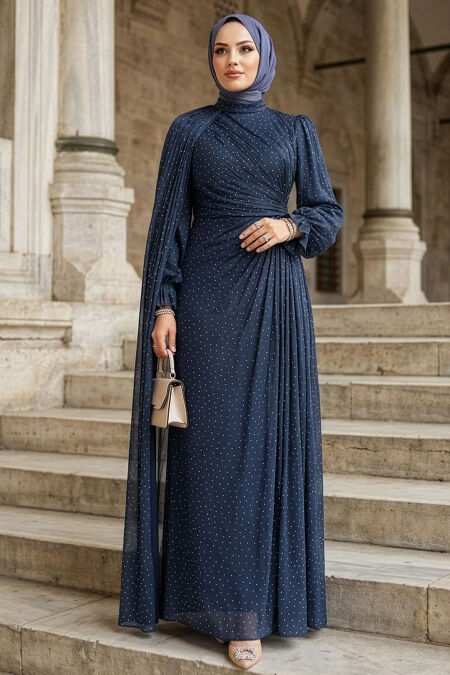 Modest Evening Dress - Cape Detailed Navy Blue Modest Evening Dress 4875L - 