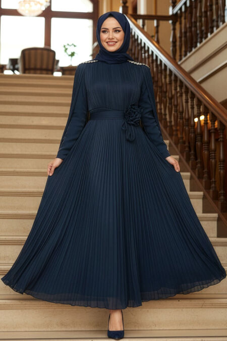 Modest Evening Dress - Cape Detailed Navy Blue Modest Evening Dress 54331L - 