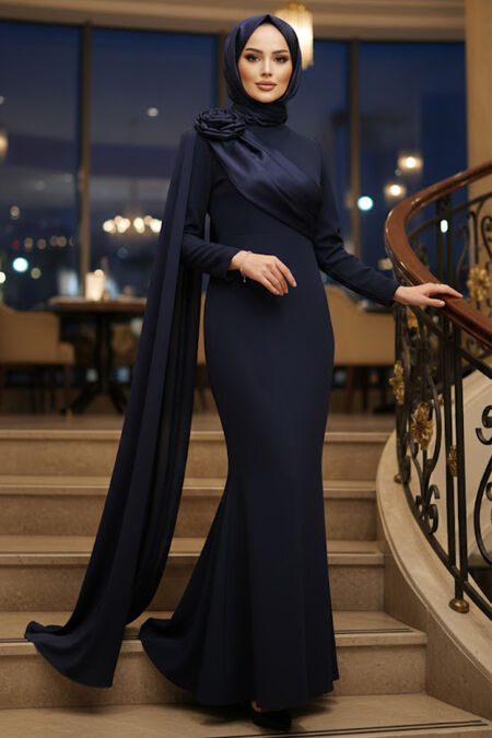 Modest Evening Dress - Cape Detailed Navy Blue Modest Evening Dress 57913L - 