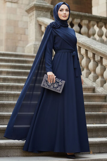 Modest Evening Dress - Cape Detailed Navy Blue Modest Evening Dress 57915L - 
