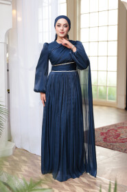 Modest Evening Dress - Cape Detailed Navy Blue Modest Evening Dress 53021L - 2