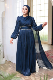 Modest Evening Dress - Cape Detailed Navy Blue Modest Evening Dress 53021L - 1