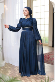Modest Evening Dress - Cape Detailed Navy Blue Modest Evening Dress 53021L - 3