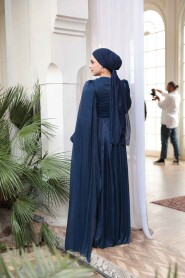 Modest Evening Dress - Cape Detailed Navy Blue Modest Evening Dress 53021L - 4