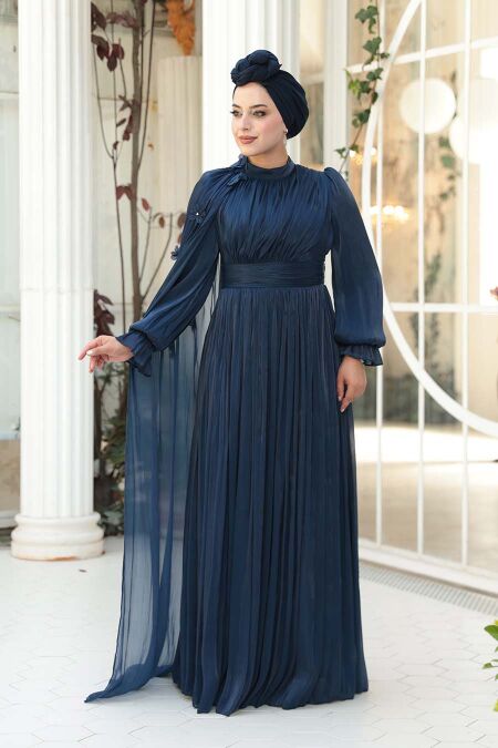Modest Evening Dress - Cape Detailed Navy Modest Evening Dress 5394L - NEVA STYLE