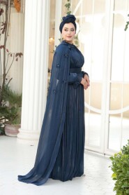 Modest Evening Dress - Cape Detailed Navy Modest Evening Dress 5394L - 3