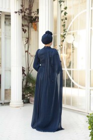 Modest Evening Dress - Cape Detailed Navy Modest Evening Dress 5394L - 4