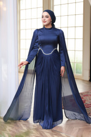 Modest Evening Dress - Cape Detail Navy Blue Modest Evening Dress 5418L - 1
