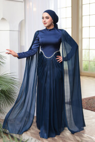 Modest Evening Dress - Cape Detail Navy Blue Modest Evening Dress 5418L - 2