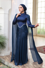 Modest Evening Dress - Cape Detail Navy Blue Modest Evening Dress 5418L - 4