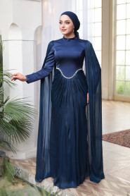 Modest Evening Dress - Cape Detail Navy Blue Modest Evening Dress 5418L - 5
