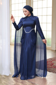 Modest Evening Dress - Cape Detail Navy Blue Modest Evening Dress 5418L - 6