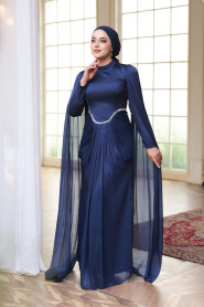 Modest Evening Dress - Cape Detail Navy Blue Modest Evening Dress 5418L - 7