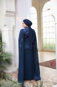 Modest Evening Dress - Cape Detail Navy Blue Modest Evening Dress 5418L - 3