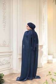 Modest Evening Dress - Cape Detail Navy Blue Modest Evening Dress 54391L - 4