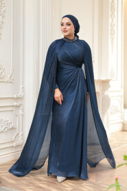 Modest Evening Dress - Cape Detail Navy Blue Modest Evening Dress 54391L - 1