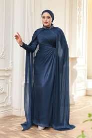 Modest Evening Dress - Cape Detail Navy Blue Modest Evening Dress 54391L - 2