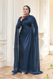 Modest Evening Dress - Cape Detail Navy Blue Modest Evening Dress 54391L - 3