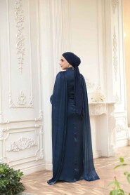 Modest Evening Dress - Cape Detail Navy Blue Modest Evening Dress 5447L - 4