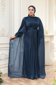 Modest Evening Dress - Cape Detail Navy Blue Modest Evening Dress 5447L - 3