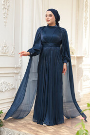 Modest Evening Dress - Cape Detail Navy Blue Modest Evening Dress 5447L - 1