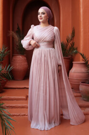 Modest Evening Dress - Cape Detailed Powder Modest Evening Dress 53021PD - 2